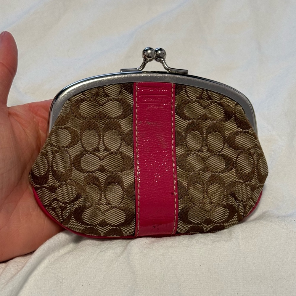 Vintage Coach monogram tan pink coin purse